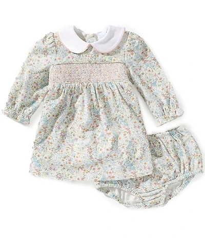 Edgehill Collection Baby Girls Long Sleeve Peter Pan Collar Floral Print Smocked Dress
