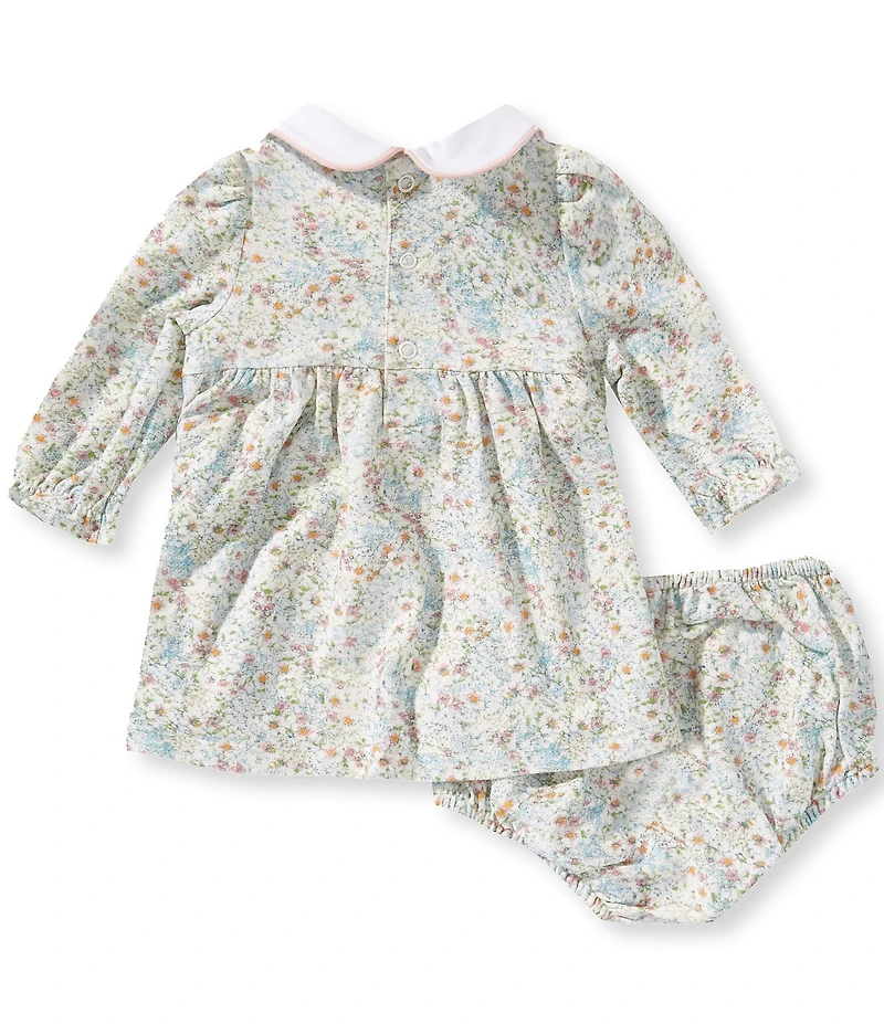 Edgehill Collection Baby Girls Long Sleeve Peter Pan Collar Floral Print Smocked Dress