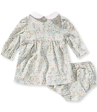 Edgehill Collection Baby Girls Long Sleeve Peter Pan Collar Floral Print Smocked Dress