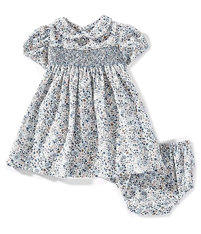 Edgehill Collection Baby Girls Peter Pan Collar Smocked Blue Floral Dress