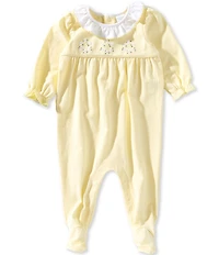 Edgehill Collection Baby Girls Ruffle Collar Embroidered Floral Footed Coverall