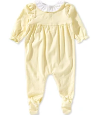 Edgehill Collection Baby Girls Ruffle Collar Embroidered Floral Footed Coverall