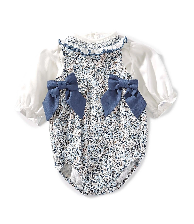 Edgehill Collection Baby Girls Side-Tie Floral Bubble and long Sleeve Top Set