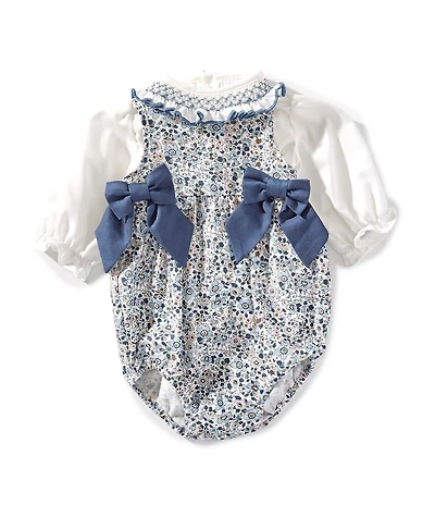 Edgehill Collection Baby Girls Side-Tie Floral Bubble and long Sleeve Top Set