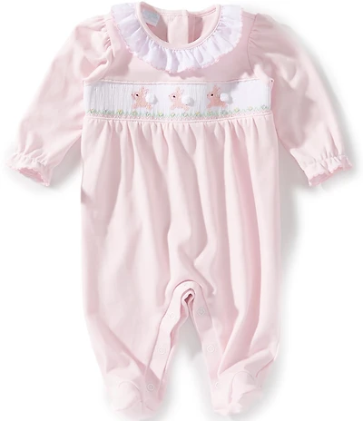 Edgehill Collection Baby Girls Smock Bunny Footed Coverall