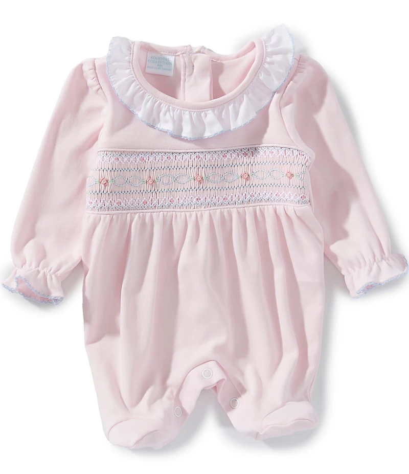 Edgehill Collection Baby Girls Solid Smocked Footed Coverall