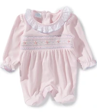 Edgehill Collection Baby Girls Solid Smocked Footed Coverall