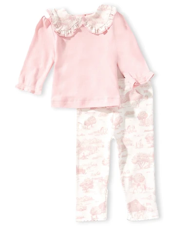 Edgehill Collection Baby Girls Toile Print Peter Pan Collar Top & Knit Leggings 2-Piece Set