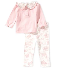 Edgehill Collection Baby Girls Toile Print Peter Pan Collar Top & Knit Leggings 2-Piece Set