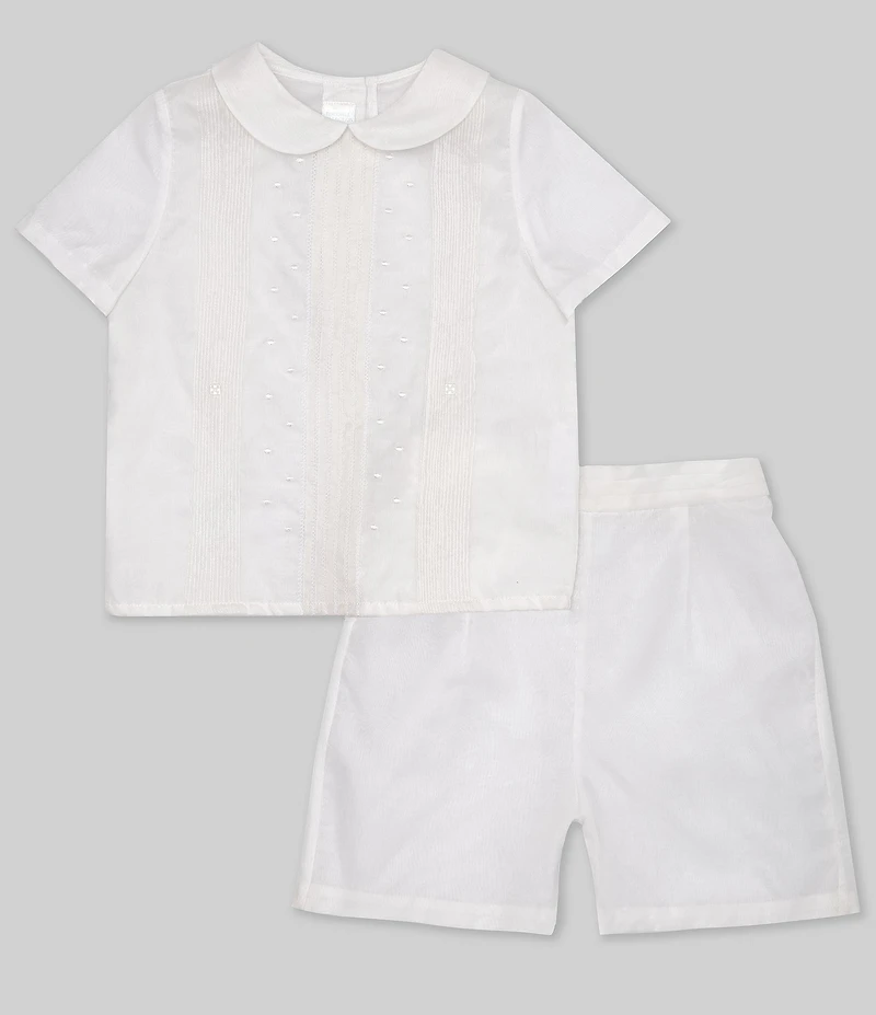 Edgehill Collection Little Boys Peter Pan Collar Short Sleeve Heirloom Christening Top & Shorts Set
