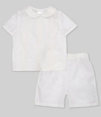 Edgehill Collection Little Boys Peter Pan Collar Short Sleeve Heirloom Christening Top & Shorts Set