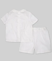 Edgehill Collection Little Boys Peter Pan Collar Short Sleeve Heirloom Christening Top & Shorts Set