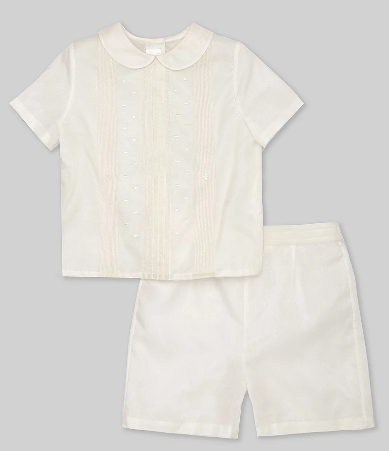 Edgehill Collection Little Boys Peter Pan Collar Short Sleeve Heirloom Christening Top & Shorts Set