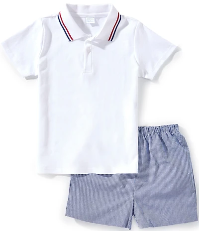 Edgehill Collection Little Boys Americana Stripe Short Sleeve Polo & Gingham Shorts Set