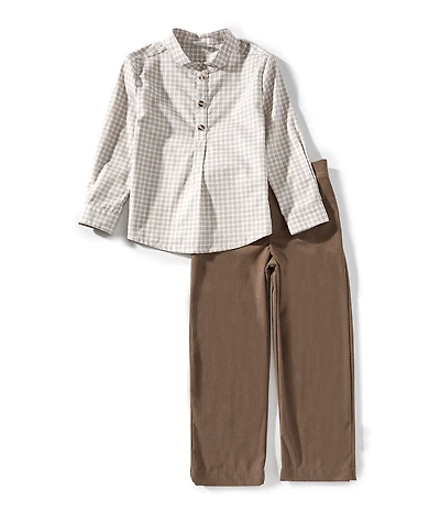 Edgehill Collection Little Boys Check Mandarin Collar Long Sleeve Shirt and Pants Set