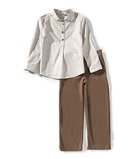 Edgehill Collection Little Boys Check Mandarin Collar Long Sleeve Shirt and Pants Set