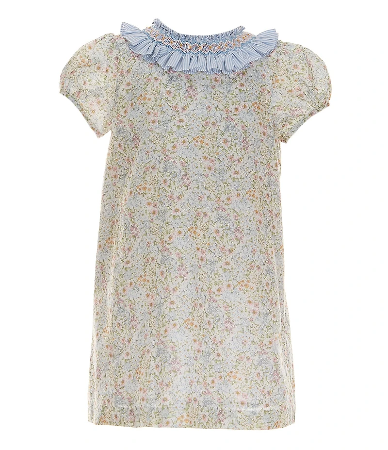 Edgehill Collection Little Girl Floral Round Smocked Neck Cap Sleeve Dress