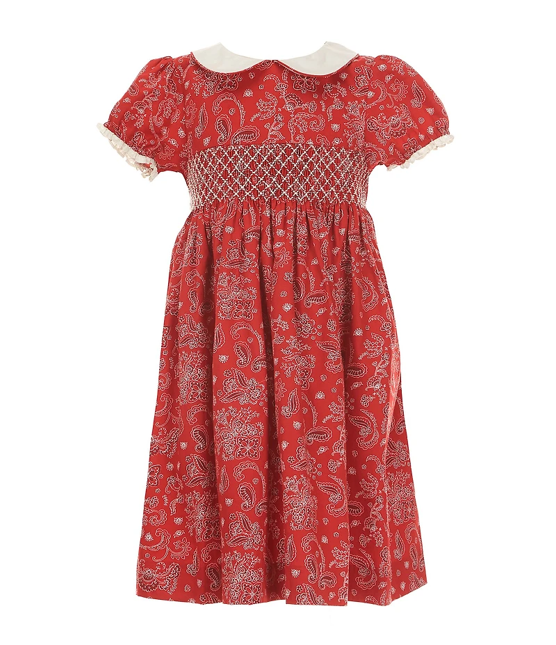 Edgehill Collection Little Girls Smocked Bandana Print Peter Pan Cap Sleeve Dress