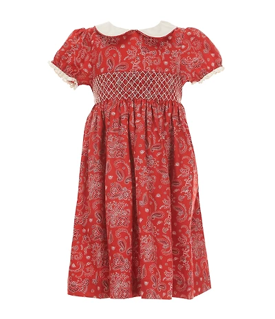 Edgehill Collection Little Girls Smocked Bandana Print Peter Pan Cap Sleeve Dress