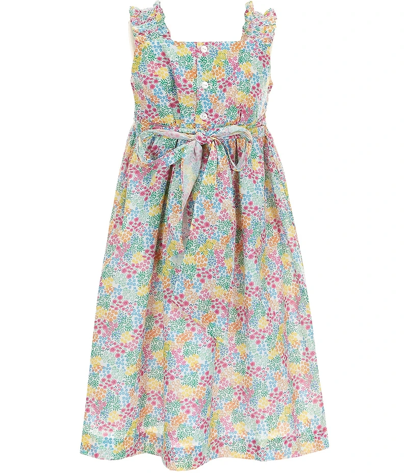 Edgehill Collection Little Girls Smocked Floral Print Sleeveless Ruffle Dress