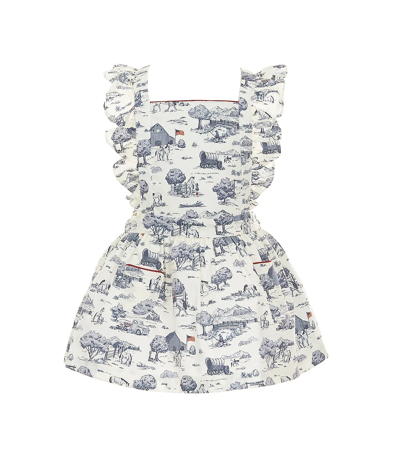 Edgehill Collection Little Girls Flag Toile Print Sleeveless Pinafore Ruffle Dress