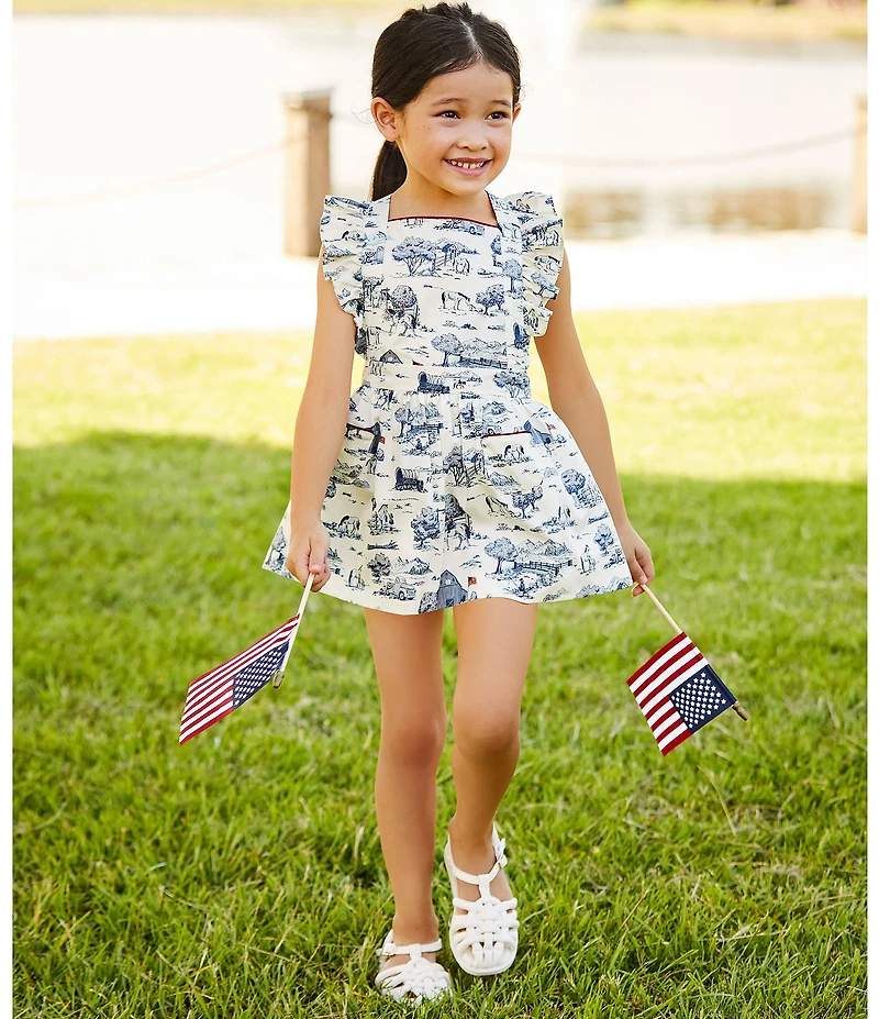 Edgehill Collection Little Girls Flag Toile Print Sleeveless Pinafore Ruffle Dress