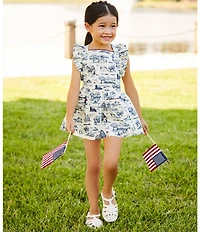 Edgehill Collection Little Girls Flag Toile Print Sleeveless Pinafore Ruffle Dress