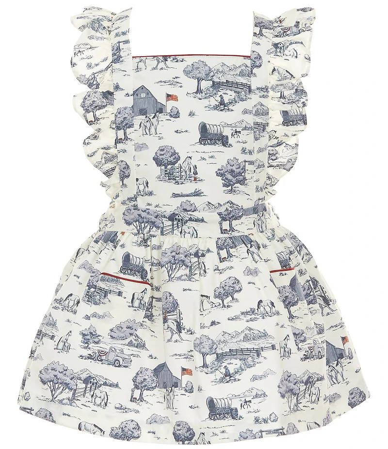Edgehill Collection Little Girls Flag Toile Print Sleeveless Pinafore Ruffle Dress
