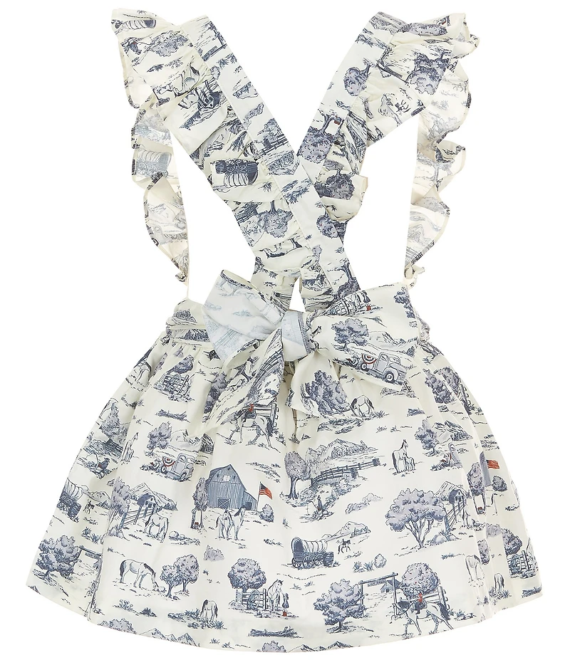 Edgehill Collection Little Girls Flag Toile Print Sleeveless Pinafore Ruffle Dress