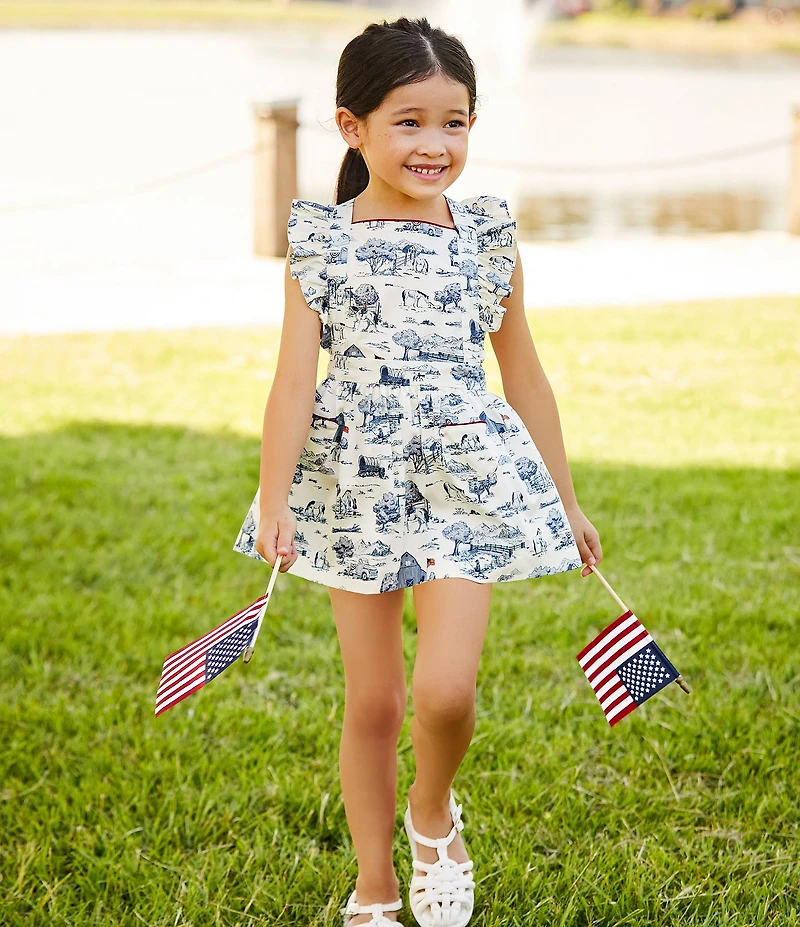 Edgehill Collection Little Girls Flag Toile Print Sleeveless Pinafore Ruffle Dress