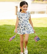 Edgehill Collection Little Girls Flag Toile Print Sleeveless Pinafore Ruffle Dress
