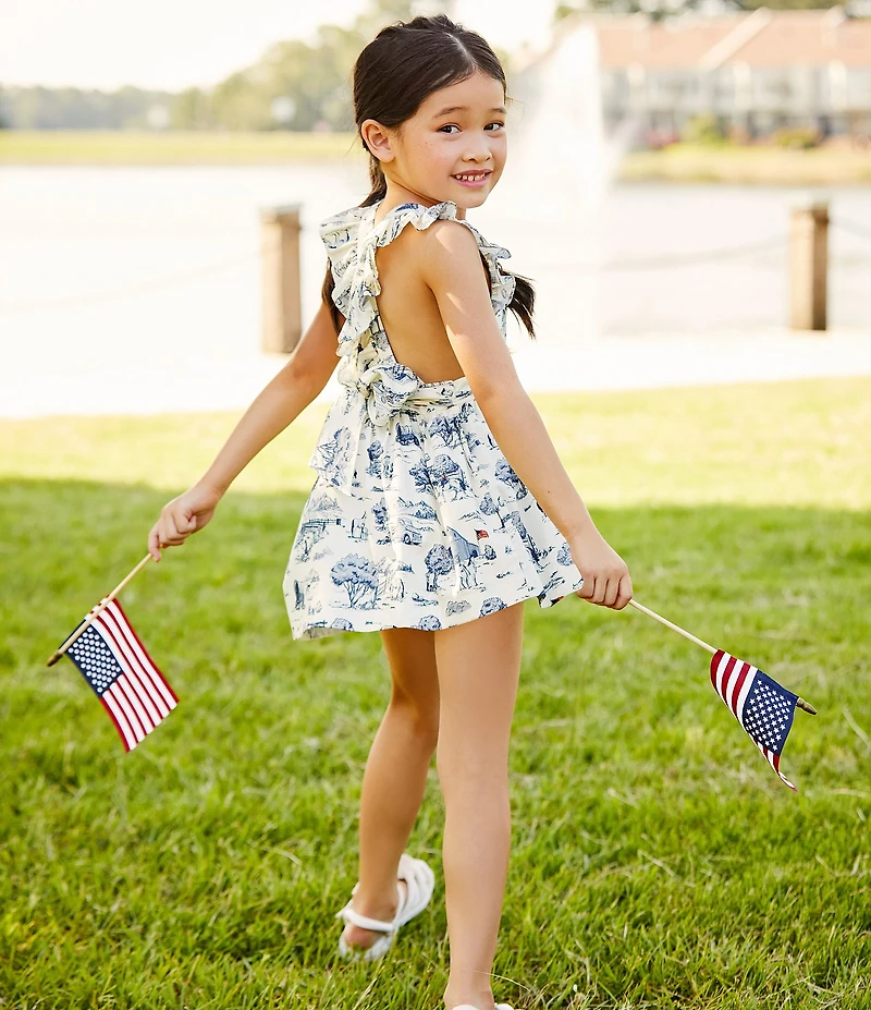 Edgehill Collection Little Girls Flag Toile Print Sleeveless Pinafore Ruffle Dress