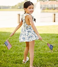 Edgehill Collection Little Girls Flag Toile Print Sleeveless Pinafore Ruffle Dress