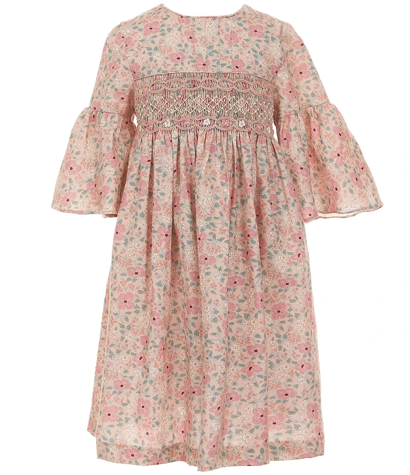 Edgehill Collection Little Girls Smocked Floral Flutter Sleeve Dress