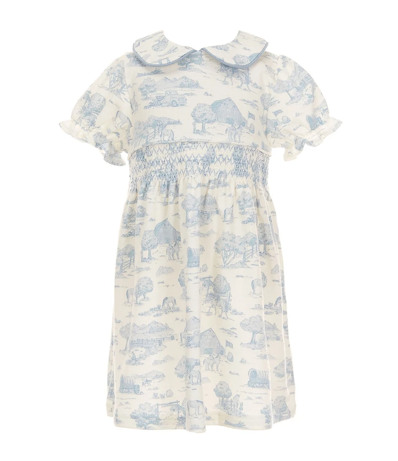 Edgehill Collection Little Girls Smocked Toile Peter Pan Collar Cap Sleeve Dress
