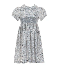 Edgehill Collection Little/Big Girls Peter Pan Collar Cap Sleeve Smocked Floral Print Dress