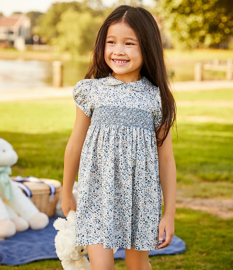 Edgehill Collection Little/Big Girls Peter Pan Collar Cap Sleeve Smocked Floral Print Dress