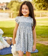 Edgehill Collection Little/Big Girls Peter Pan Collar Cap Sleeve Smocked Floral Print Dress