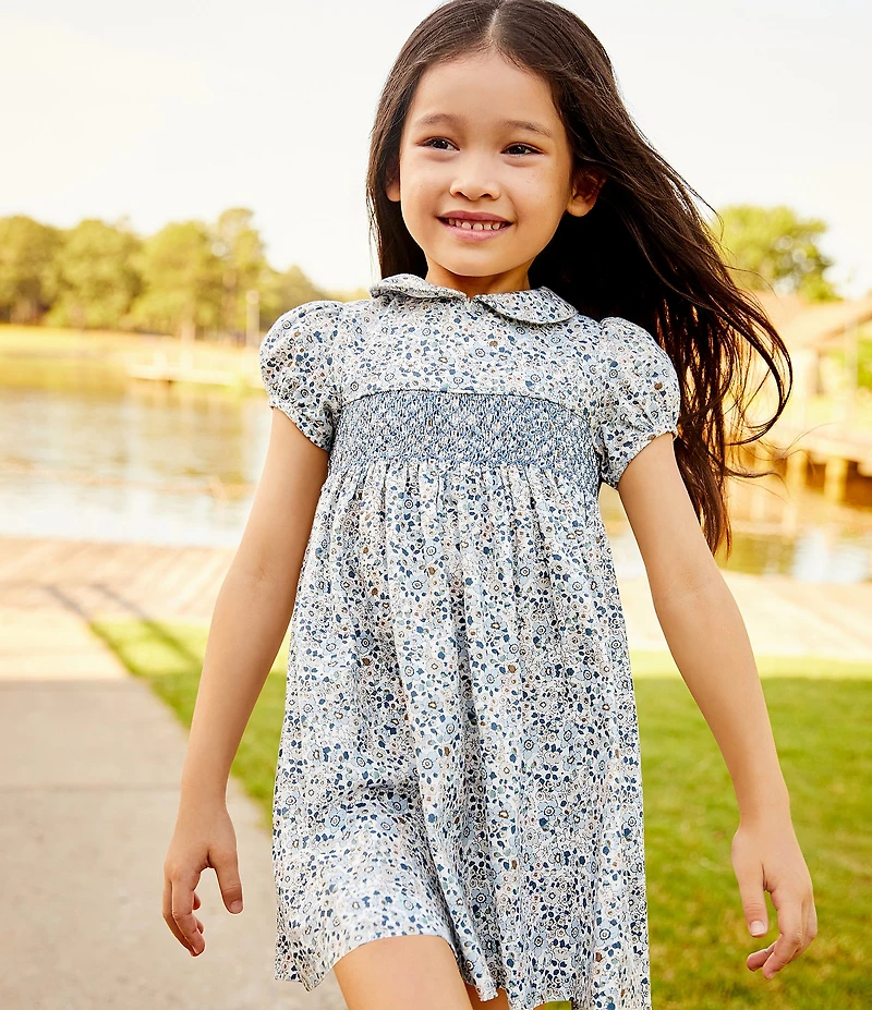 Edgehill Collection Little/Big Girls Peter Pan Collar Cap Sleeve Smocked Floral Print Dress