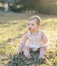 Edgehill Collection x Kristin Ellen Hockman Baby Boys Hugo Green Stripe Linen Sunsuit Bubble