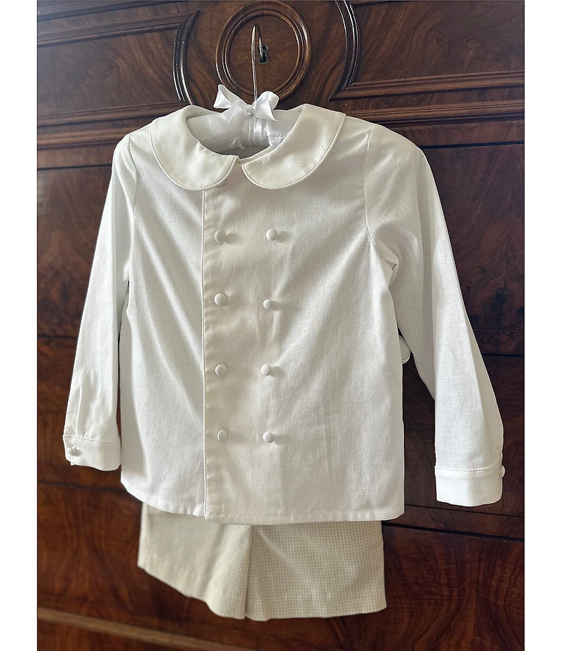 Edgehill Collection x Kristin Ellen Hockman Little Boys Gustav Peter Pan Collar Long Sleeve Linen Top & Gingham Shorts Set