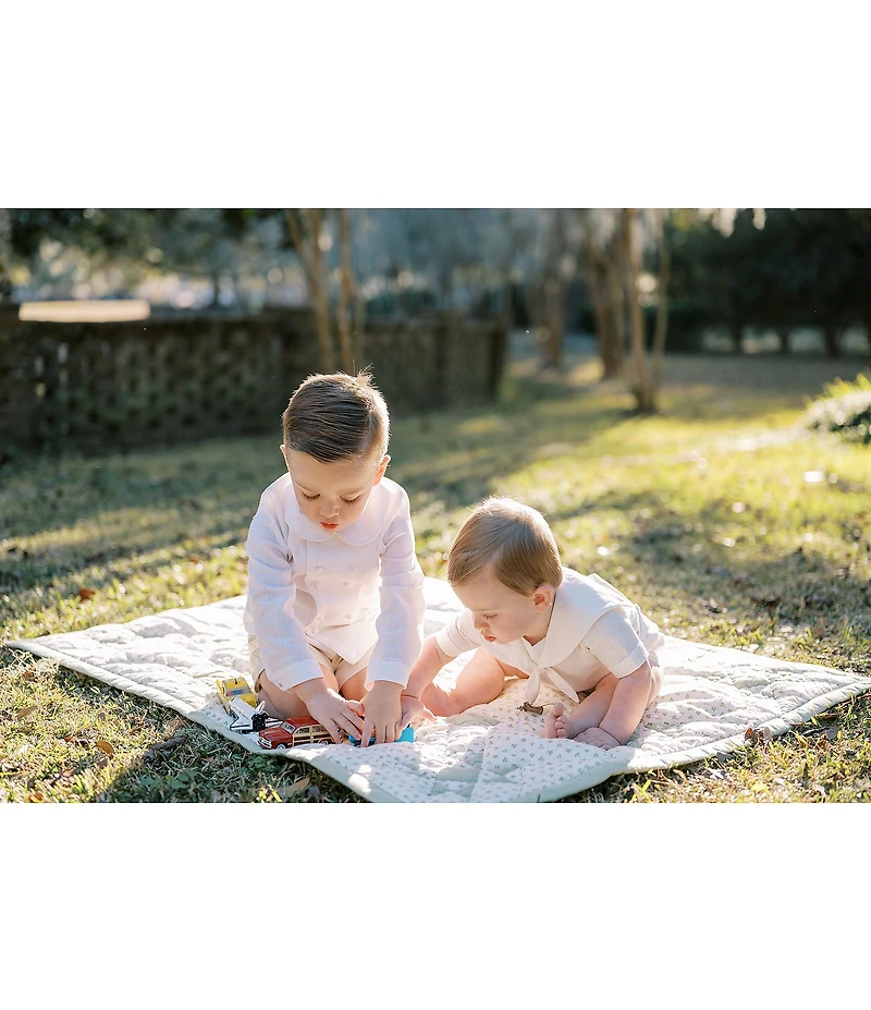 Edgehill Collection x Kristin Ellen Hockman Little Boys Gustav Peter Pan Collar Long Sleeve Linen Top & Gingham Shorts Set