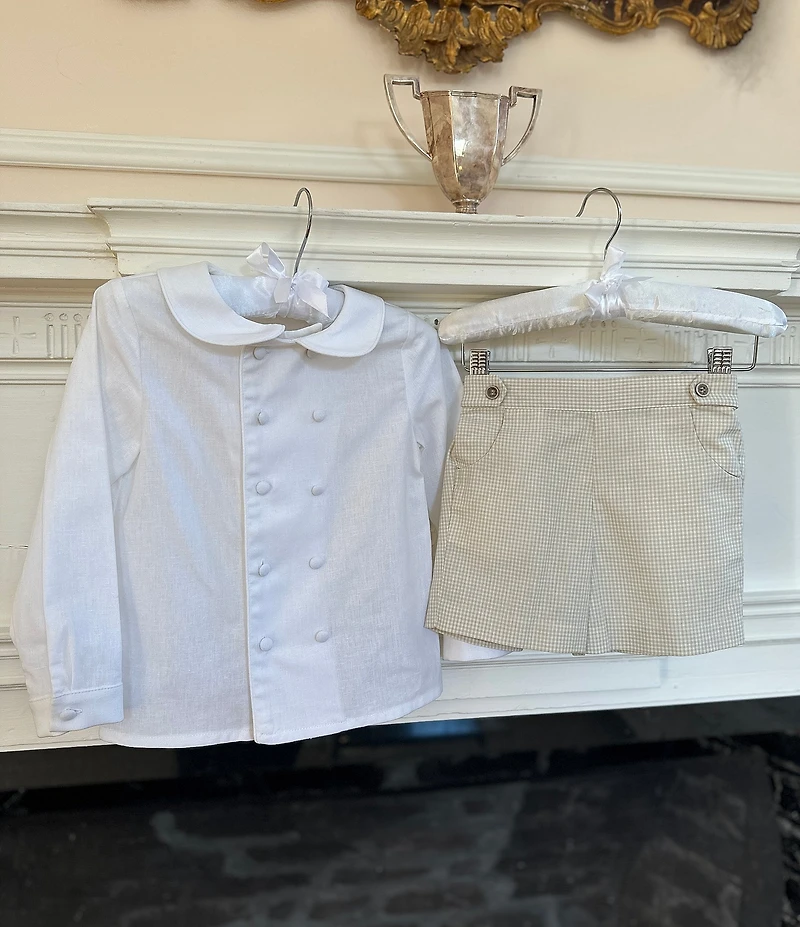 Edgehill Collection x Kristin Ellen Hockman Little Boys Gustav Peter Pan Collar Long Sleeve Linen Top & Gingham Shorts Set