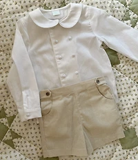 Edgehill Collection x Kristin Ellen Hockman Little Boys Gustav Peter Pan Collar Long Sleeve Linen Top & Gingham Shorts Set