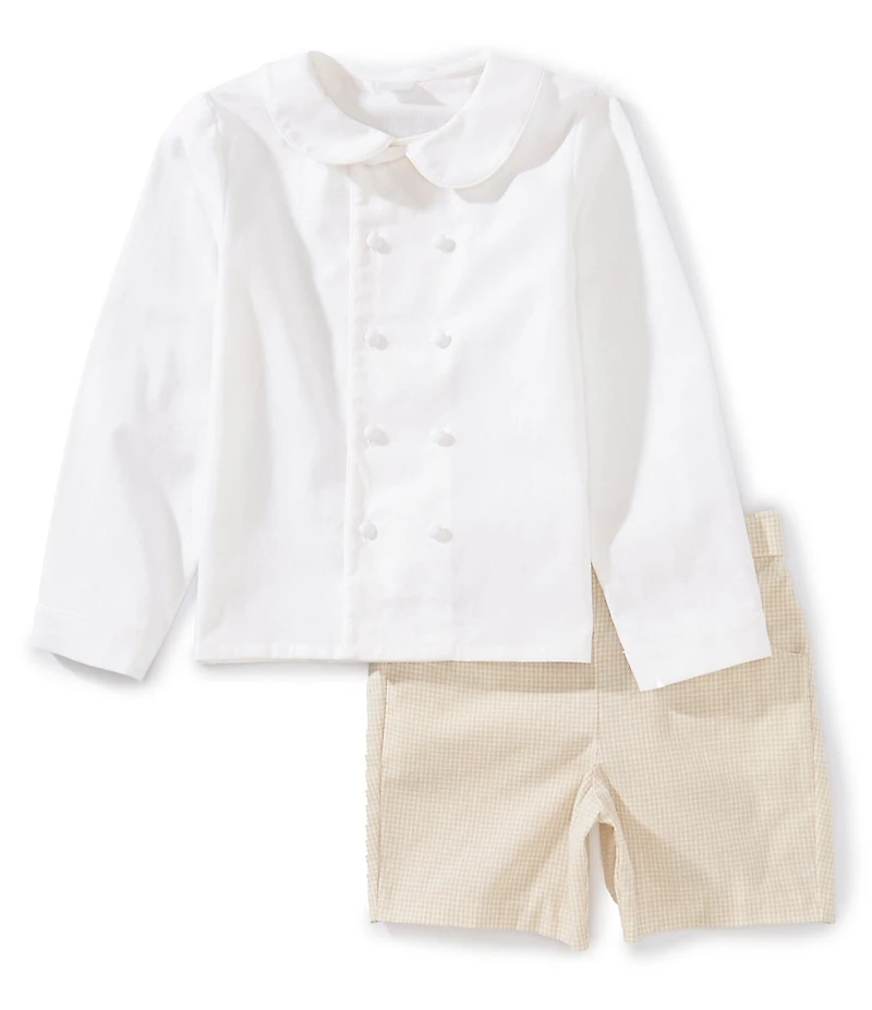 Edgehill Collection x Kristin Ellen Hockman Little Boys Gustav Peter Pan Collar Long Sleeve Linen Top & Gingham Shorts Set
