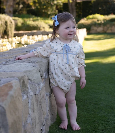 Edgehill Collection x Megan Karp Baby Girls Belle Floral Bow Detail Peter Pan Collar Long Sleeve Bubble Romper