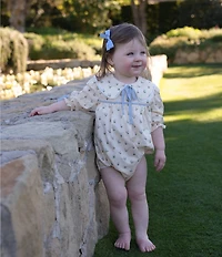 Edgehill Collection x Megan Karp Baby Girls Belle Floral Bow Detail Peter Pan Collar Long Sleeve Bubble Romper