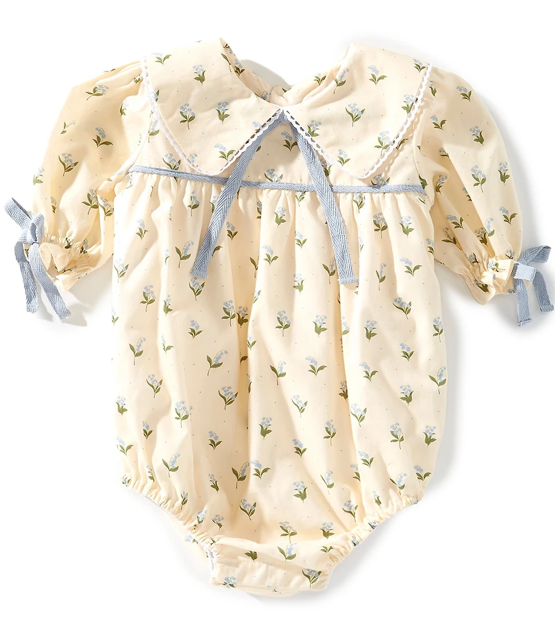 Edgehill Collection x Megan Karp Baby Girls Belle Floral Bow Detail Peter Pan Collar Long Sleeve Bubble Romper