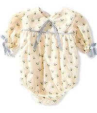 Edgehill Collection x Megan Karp Baby Girls Belle Floral Bow Detail Peter Pan Collar Long Sleeve Bubble Romper