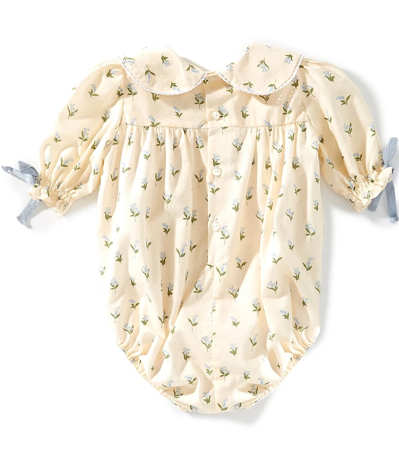 Edgehill Collection x Megan Karp Baby Girls Belle Floral Bow Detail Peter Pan Collar Long Sleeve Bubble Romper